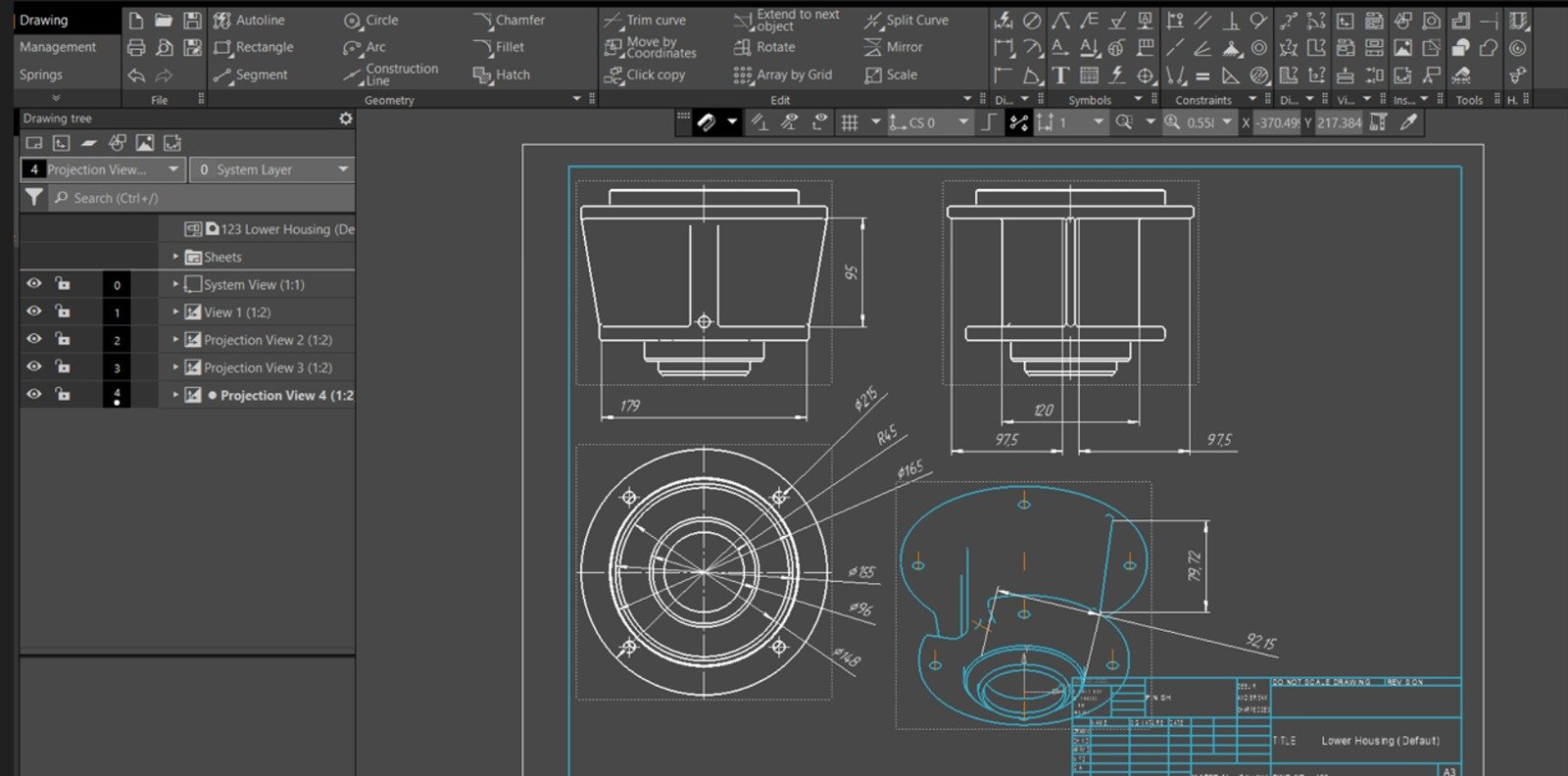 KOMPAS-3D 2D drafting workspace showing projection views, dimensions and title block for a lower housing part