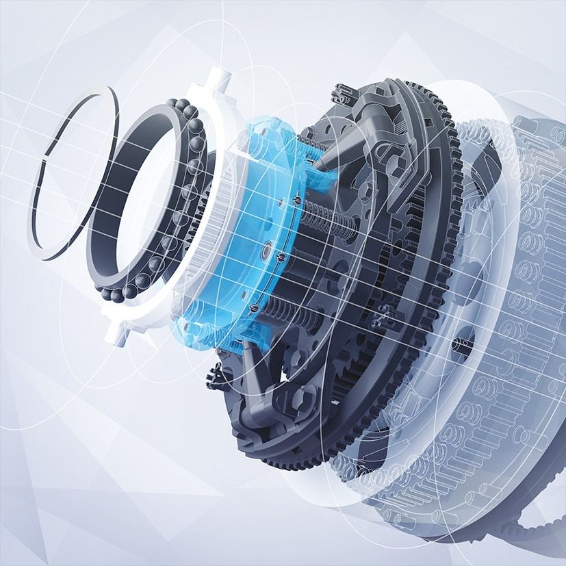 KOMPAS-3D exploded clutch assembly with bearing race, springs and gears